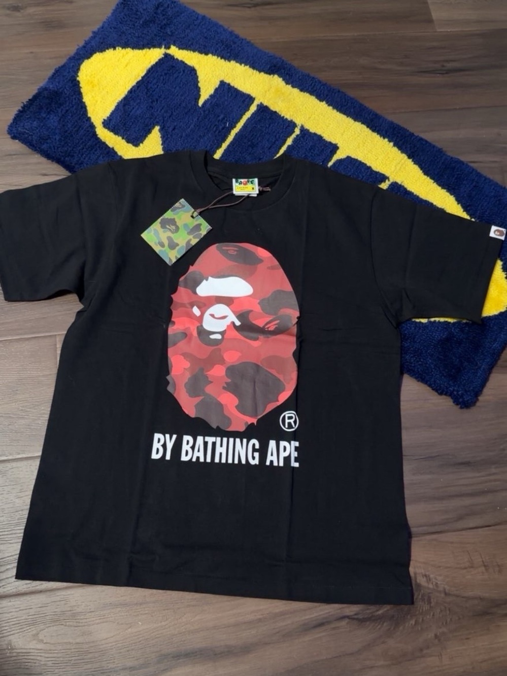 A Bathing Ape Kids' Black Tee with Red Camo Ape Logo